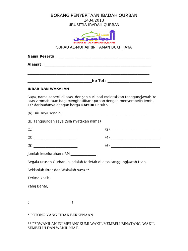 Borang Penyertaan Ibadah Qurban Pdf