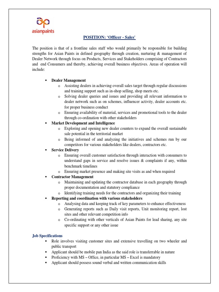 POSITION: Officer - Sales': Job Specifications | PDF | Sales | Retail