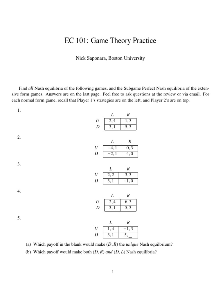Saponara Game Theory Practice 2 | PDF | Quantitative Research | Economic  Theories