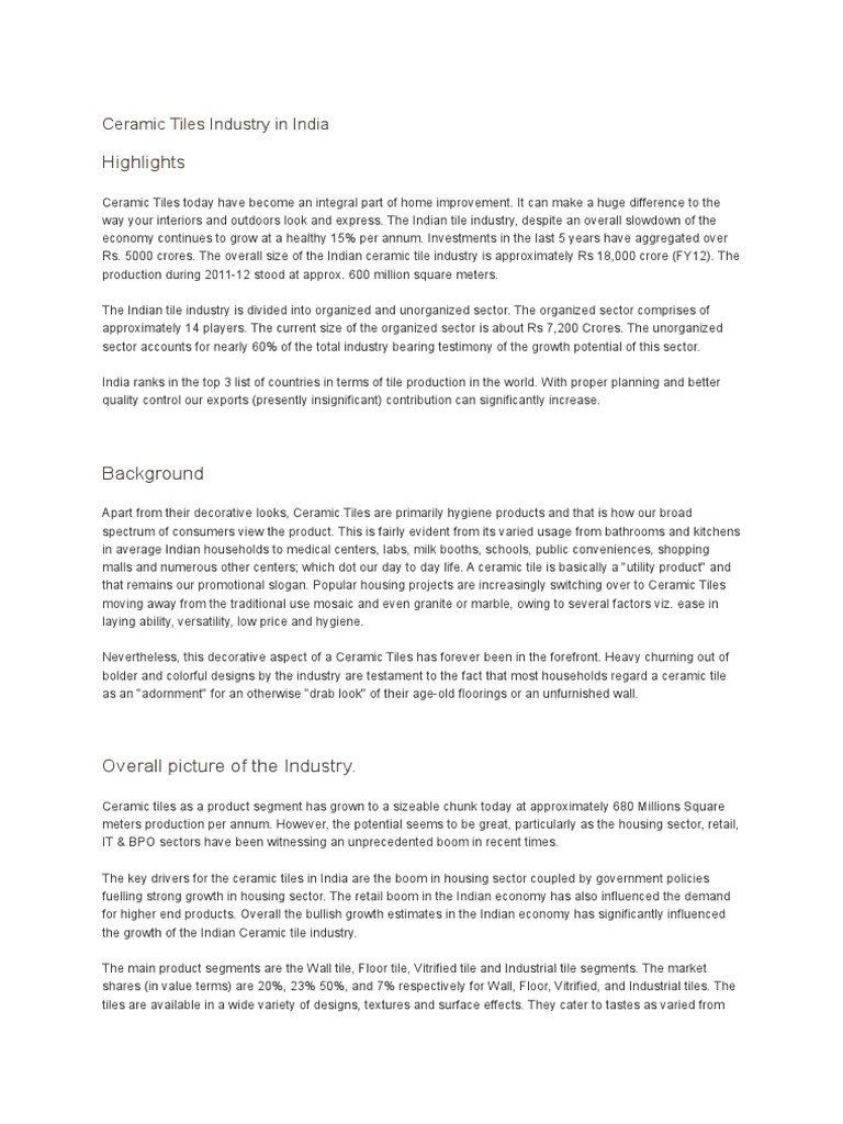 Ceramic Tiles Industry in India PDF Ceramic Art Tile