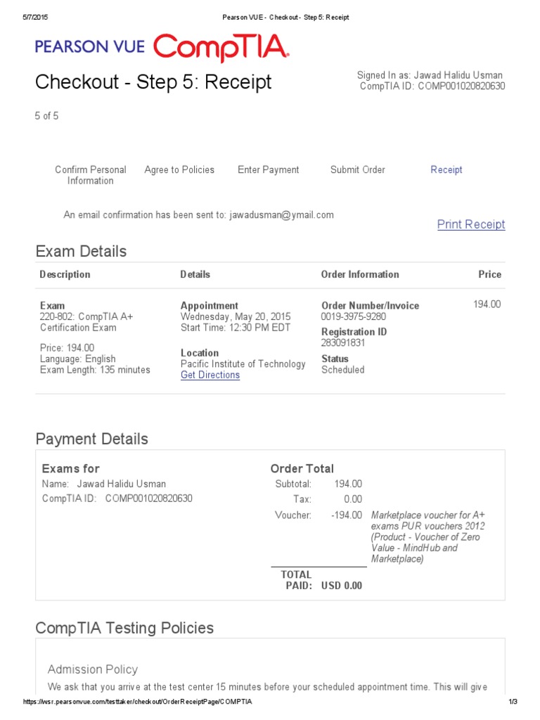 Pearson VUE Checkout Step 5_ Receipt.pdf Comp Tia Voucher