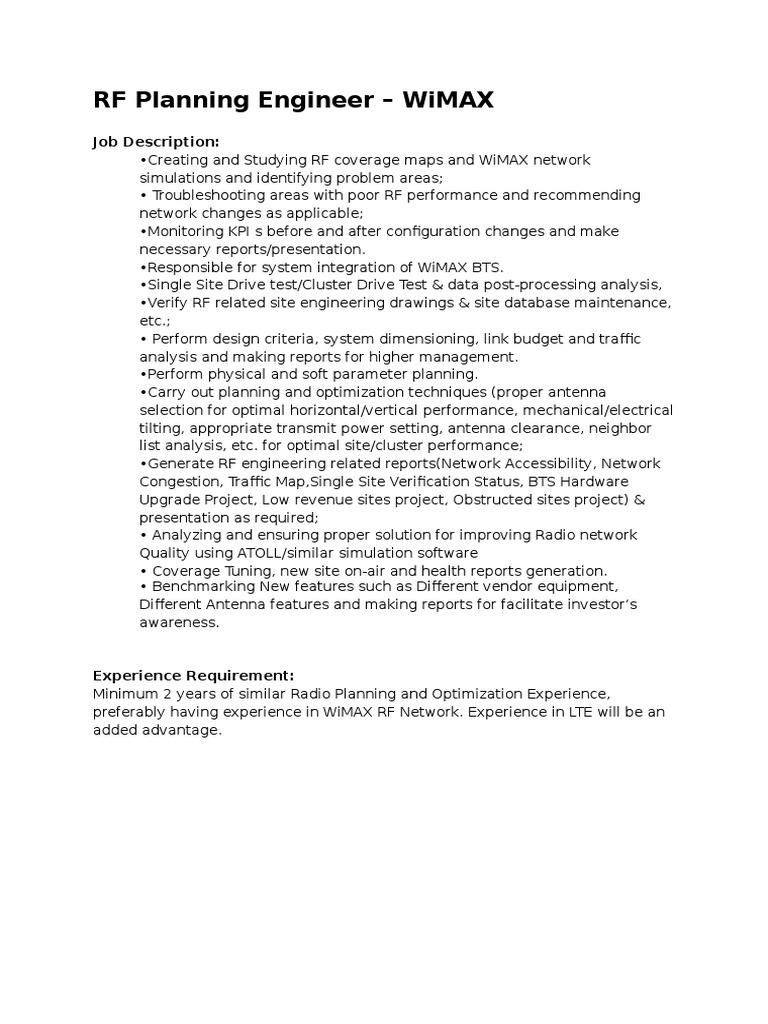 RF Planning and Optimization Engineer JOB Description Wi Max