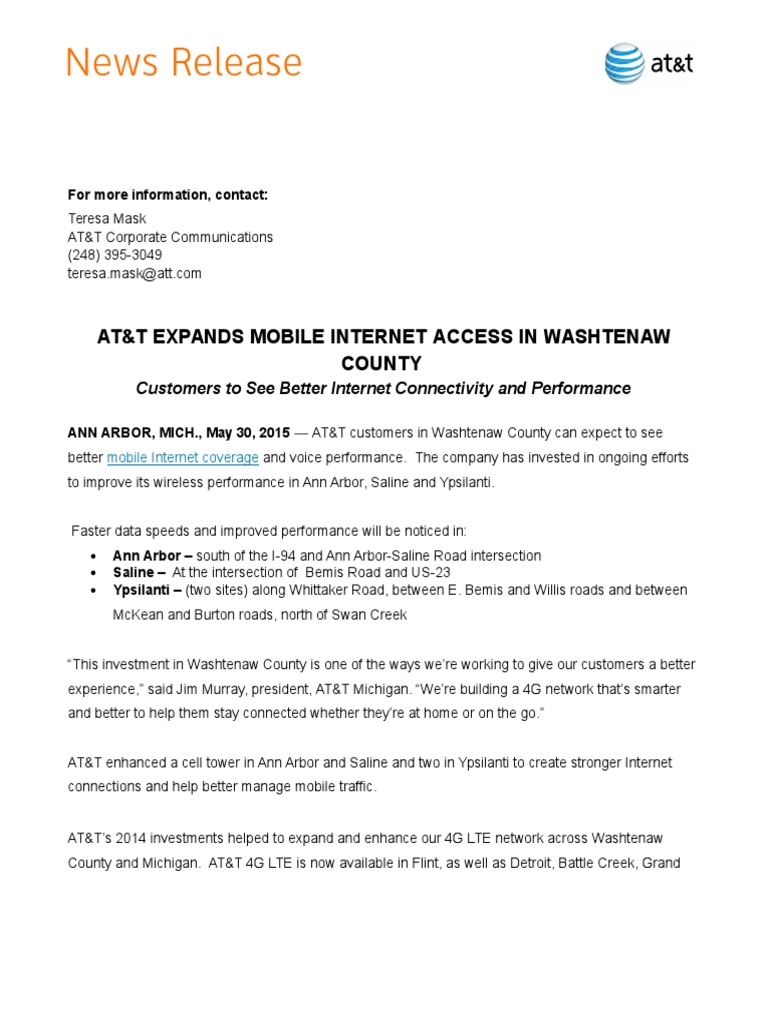 At&T Expands Mobile Internet Access in Washtenaw County: Customers To ...