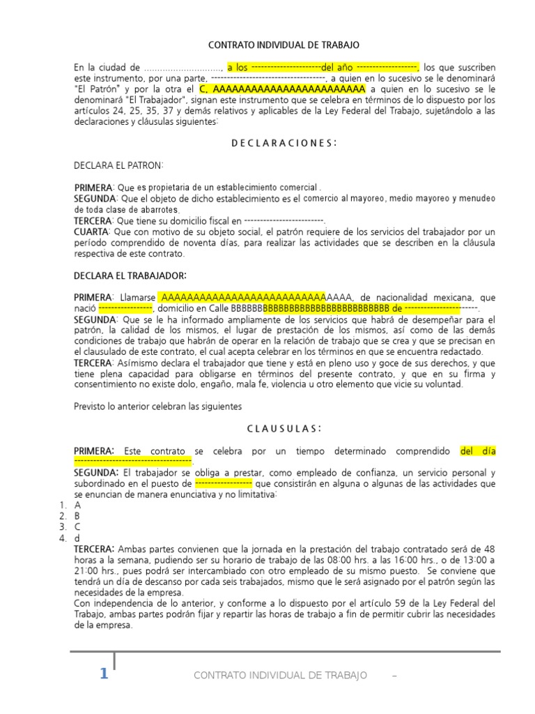 Contrato individual de trabajo de 3 meses Salario México