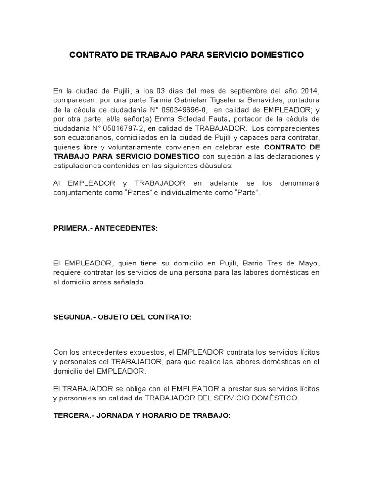 Contrato de Trabajo Para Servicio Domestico