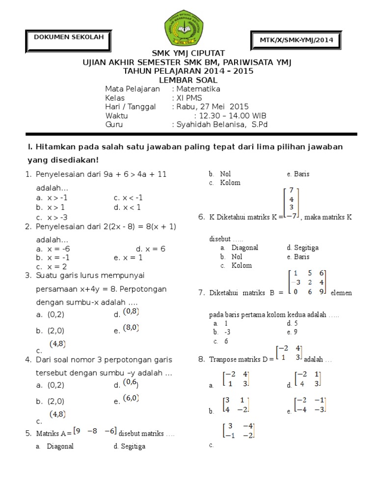 Contoh Soal Matematika Kelas 11 Semester 1 Tentang Matriks