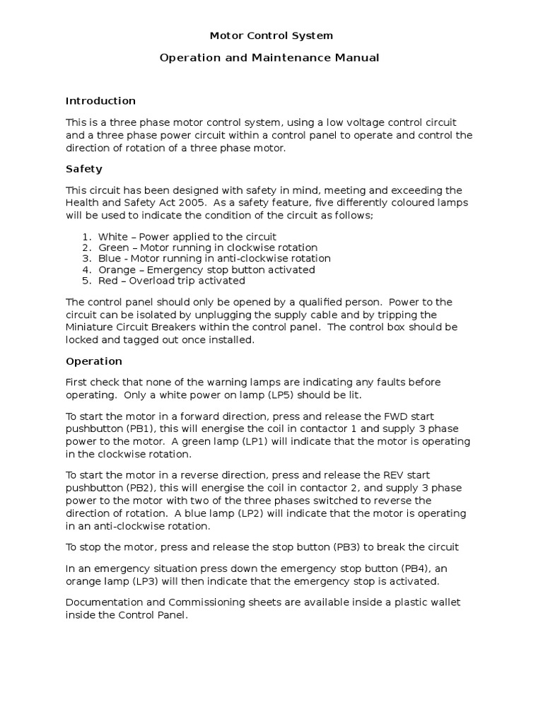 Operation and Maintenance Manual Forward Reverse Motor Control | PDF