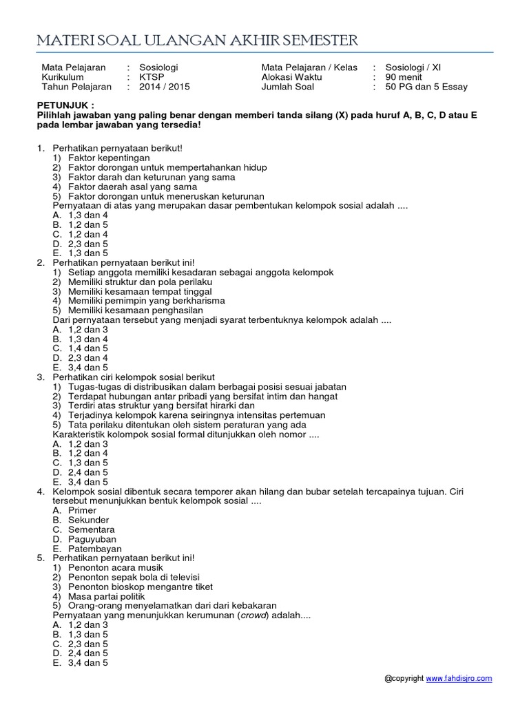 Soal Objektif Materi Kelompok Sosial Kelas Xi