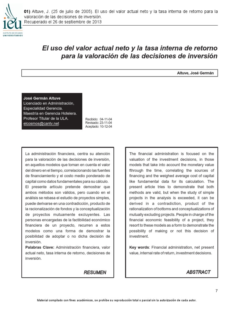 Valor Actual Neto y Tasa Interna de Retorno | PDF | Valor presente neto ...