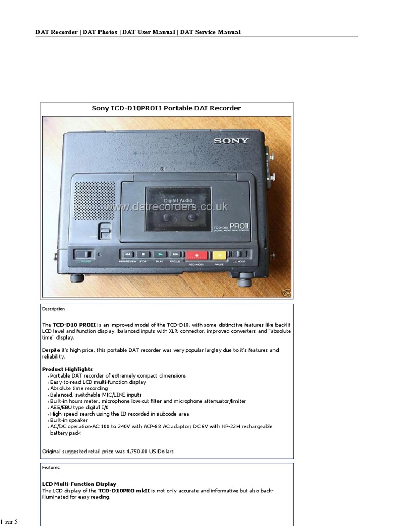 Sony TCD-D10PROII Portable DAT Recorder | PDF | Compact Cassette