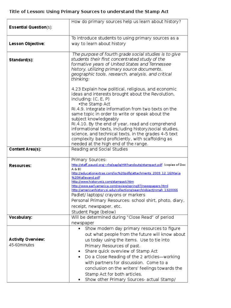 Using Primary Sources To Understand The Stamp Act | PDF | Lesson Plan