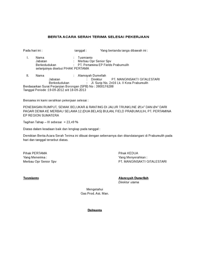 Contoh Surat Serah Terima Selesai Pekerjaan