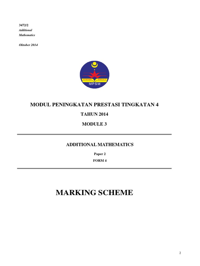 Additional Mathematics Paper 2 Marking Scheme | PDF
