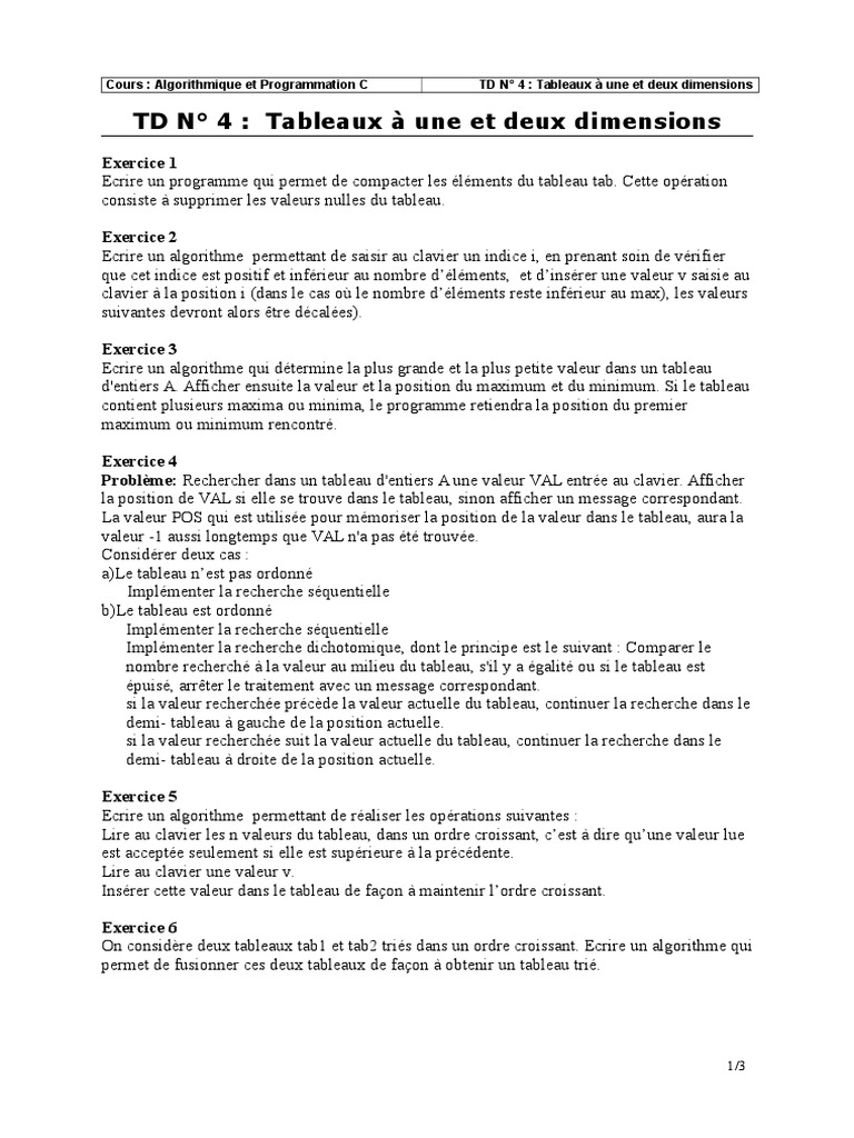 Algorithmes sur Tableaux en C | PDF | Matrice (Mathématiques) | Tableau ...