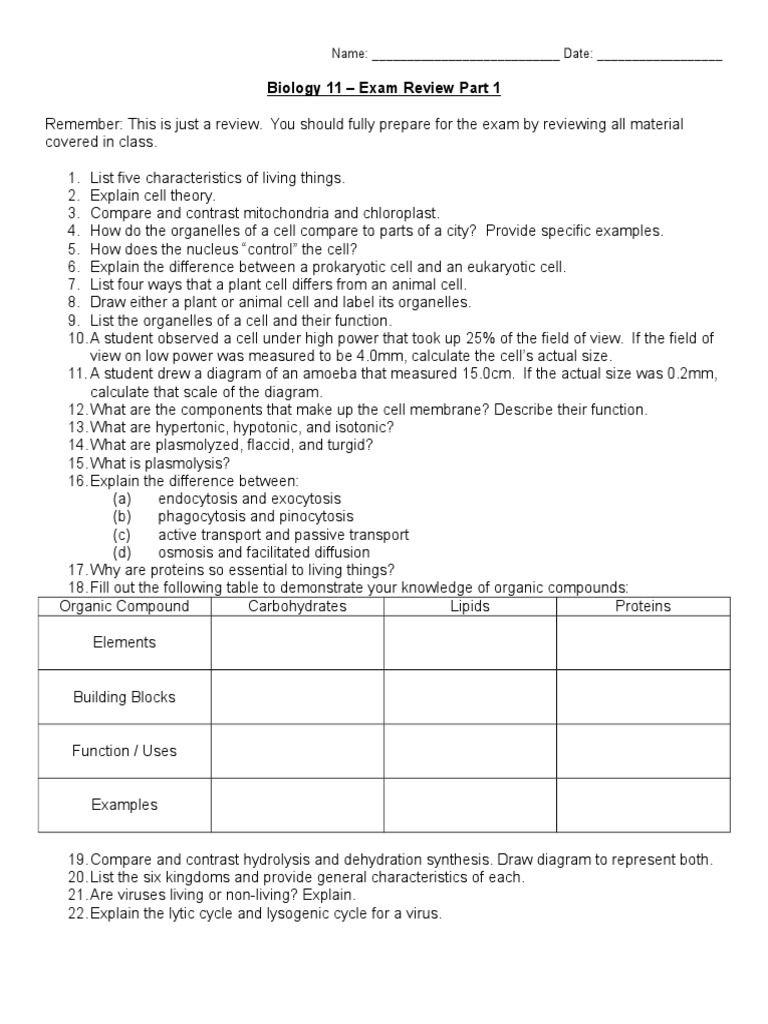 Biology 11 Exam Review Guide | PDF | Cell (Biology) | Aorta