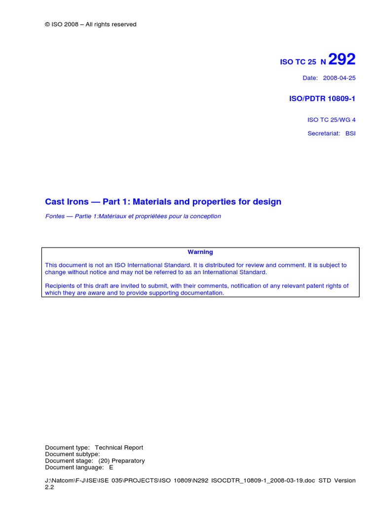 Iso TC 25 N 292 | PDF | Cast Iron | Heat Treating