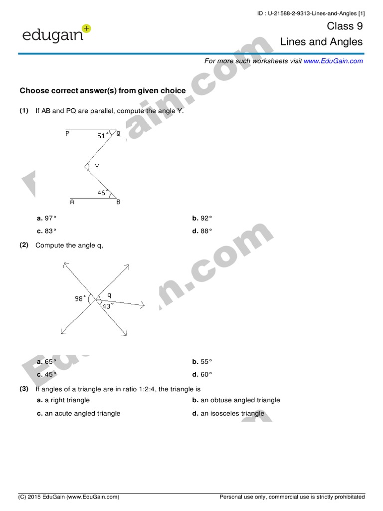 Class 9 Lines and Angles: Choose Correct Answer(s) From Given Choice ...