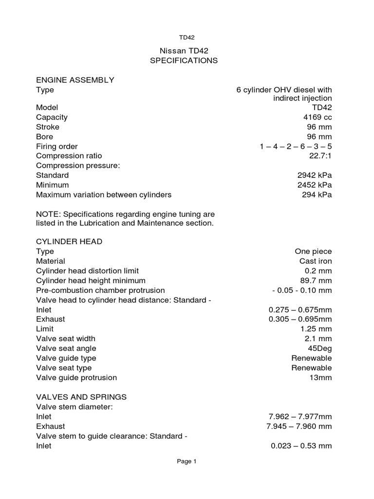 Nissan TD42 Service Manual | PDF | Piston | Cylinder (Engine)