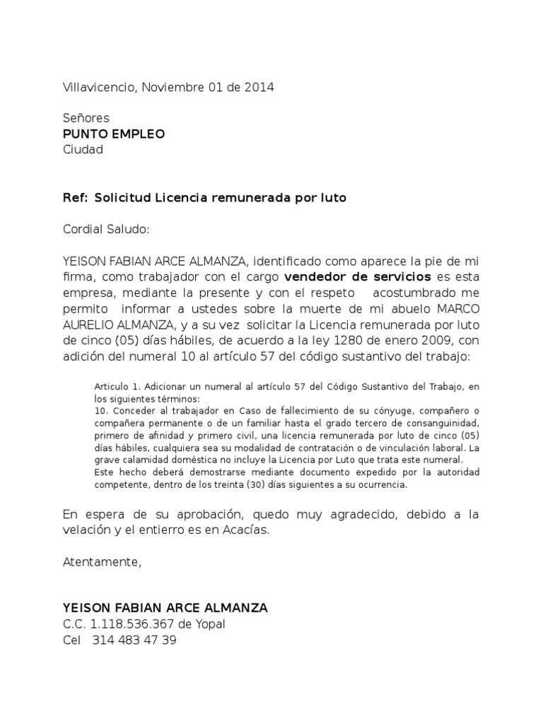 Solicitud Licencia Remunerada Por Luto  PDF