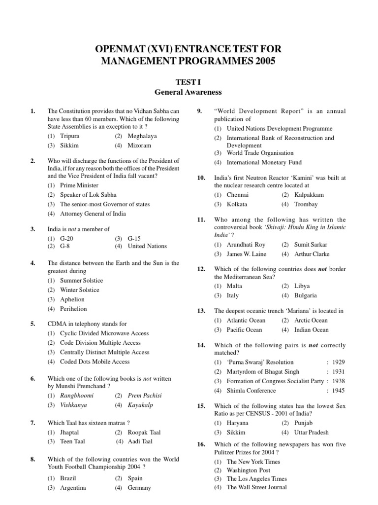 Openmat (Xvi) Entrance Test For Management Programmes PDF