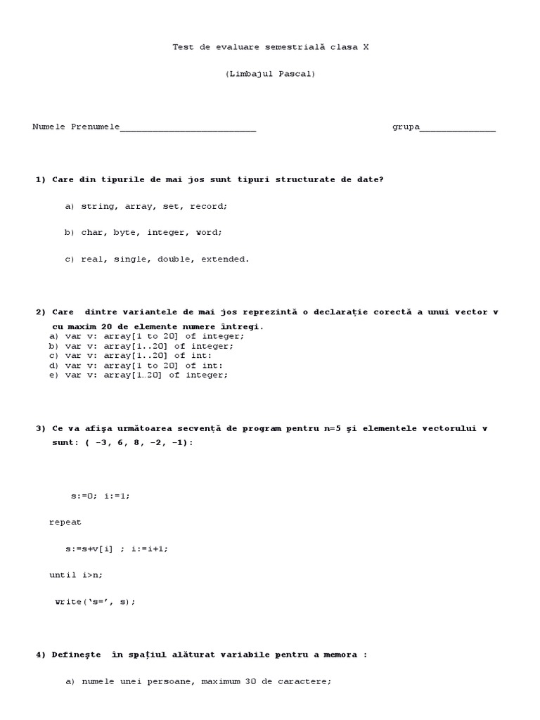 Test de Evaluare Pascal Clasa X | PDF