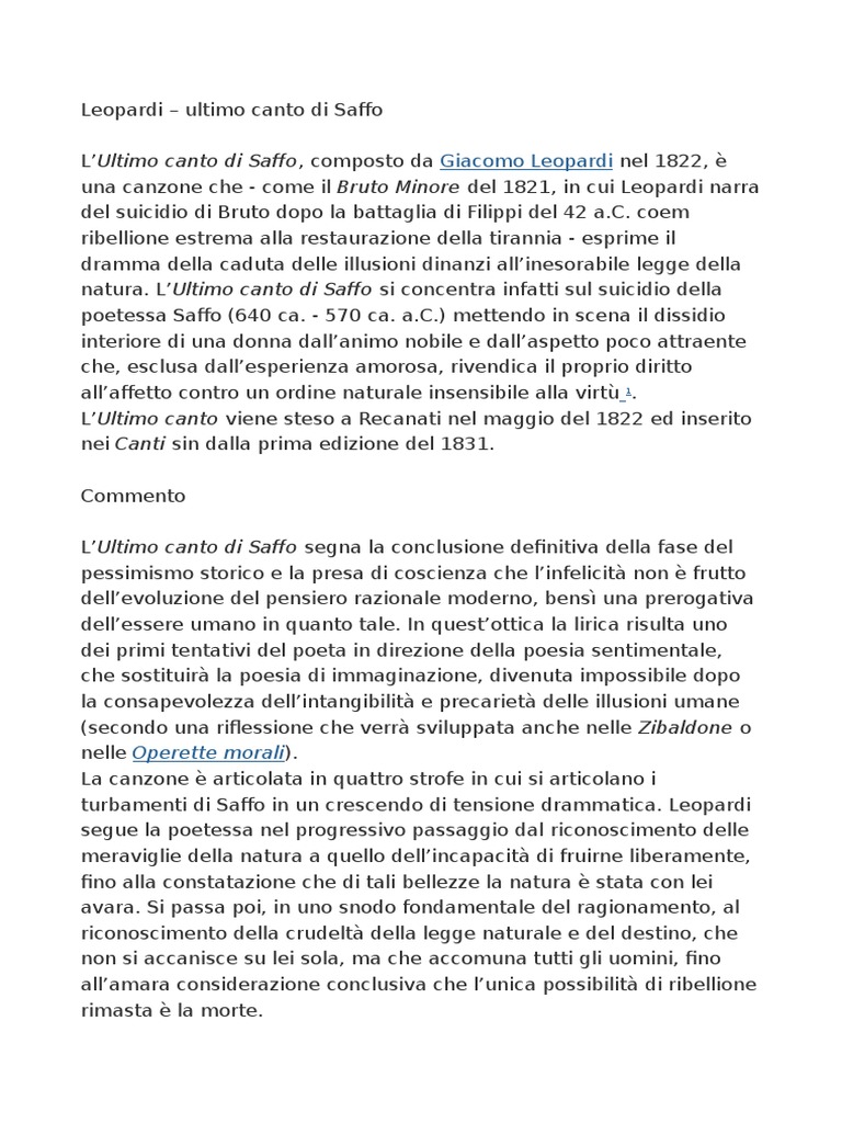 L Ultimo Canto Di Saffo Parafrasi