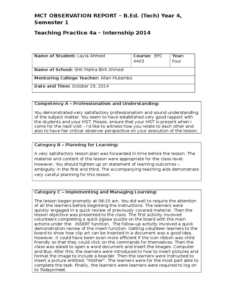 B.Ed. School Observation Report 2014 | PDF | Sharing | Lesson Plan