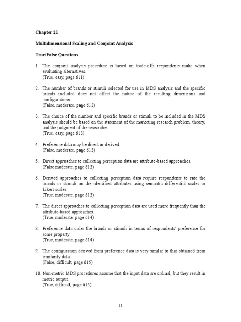 Multidimensional Scaling and Conjoint Analysis True/False Questions