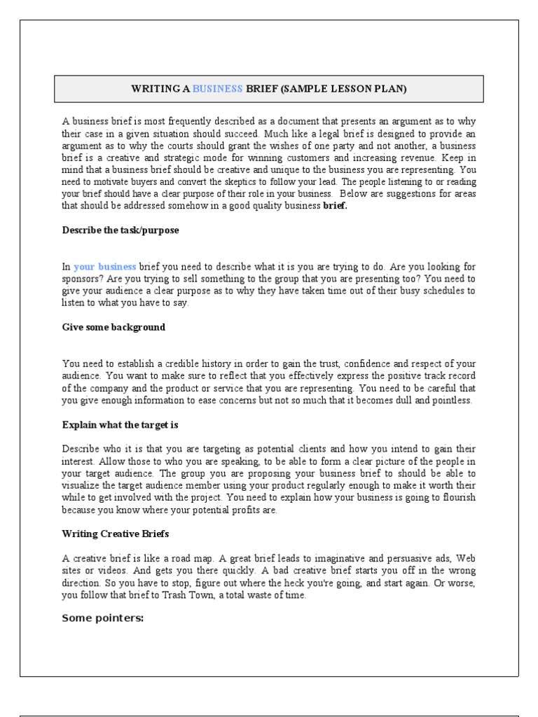 Business: Writing A Brief (Sample Lesson Plan) | PDF | Child Care |  Relationships