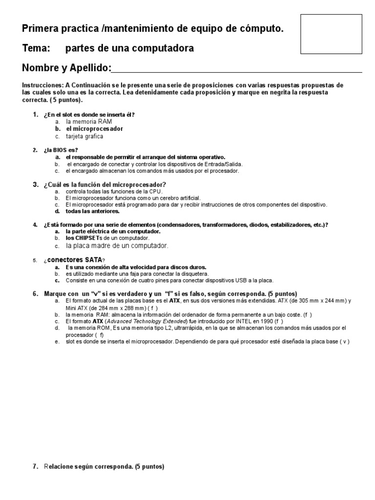 Examen de Partes de una Computadora | PDF | Hardware de la computadora ...