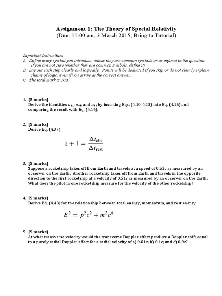 Special Relativity Assignment Guide | PDF | Special Relativity ...