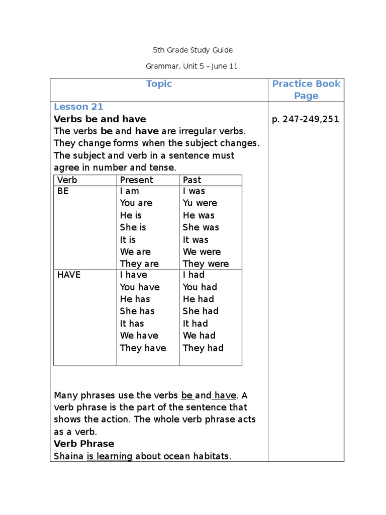 5th grade study guide unit 5 grammar grammatical tense