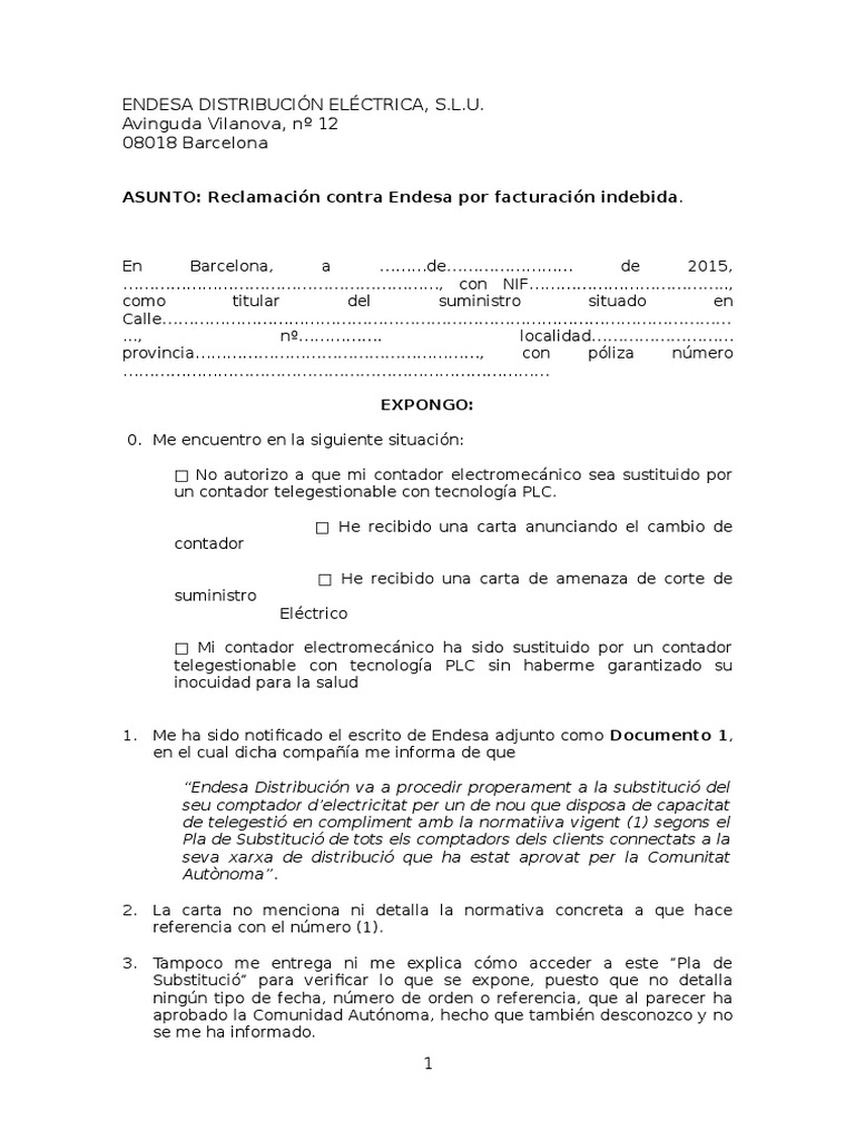 MODELO DE RECLAMACIÓN A ENDESA | Derechos | Contabilidad