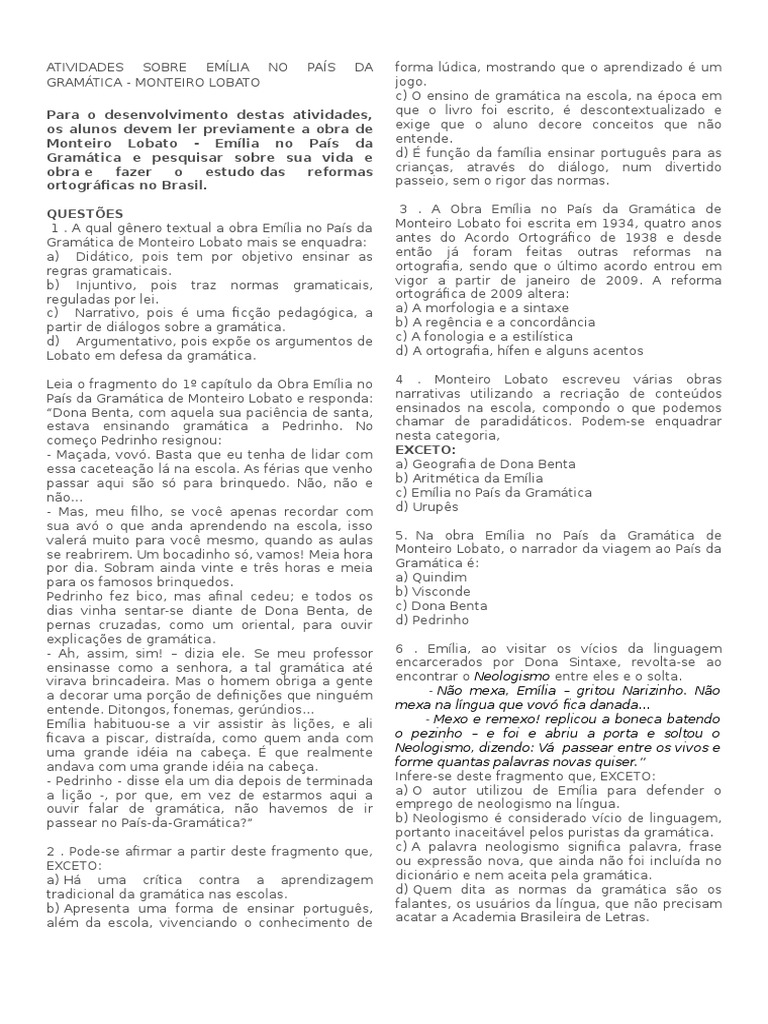 Atividades Do Livro Emília No País Da Gramática Com Gabarito