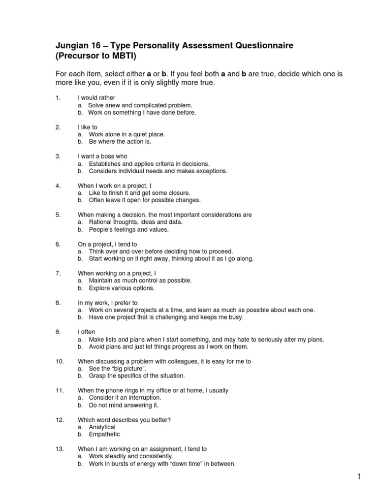Jungian 16-Type Personality Assessment Questionnaire | PDF | Psychological Concepts ...