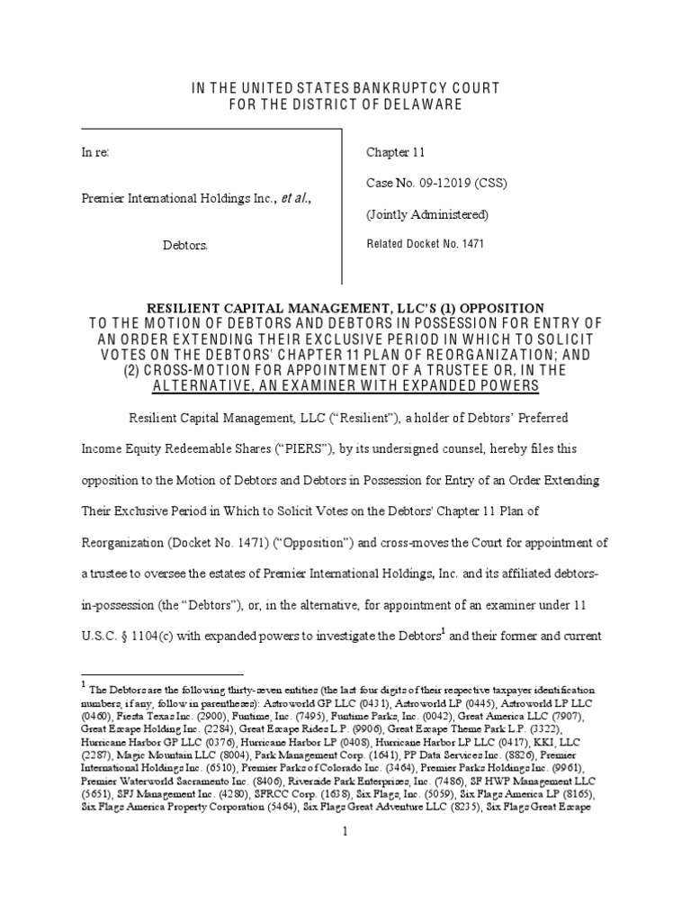 Resilient Objection To Six Flags Bankruptcy PDF Bankruptcy In The