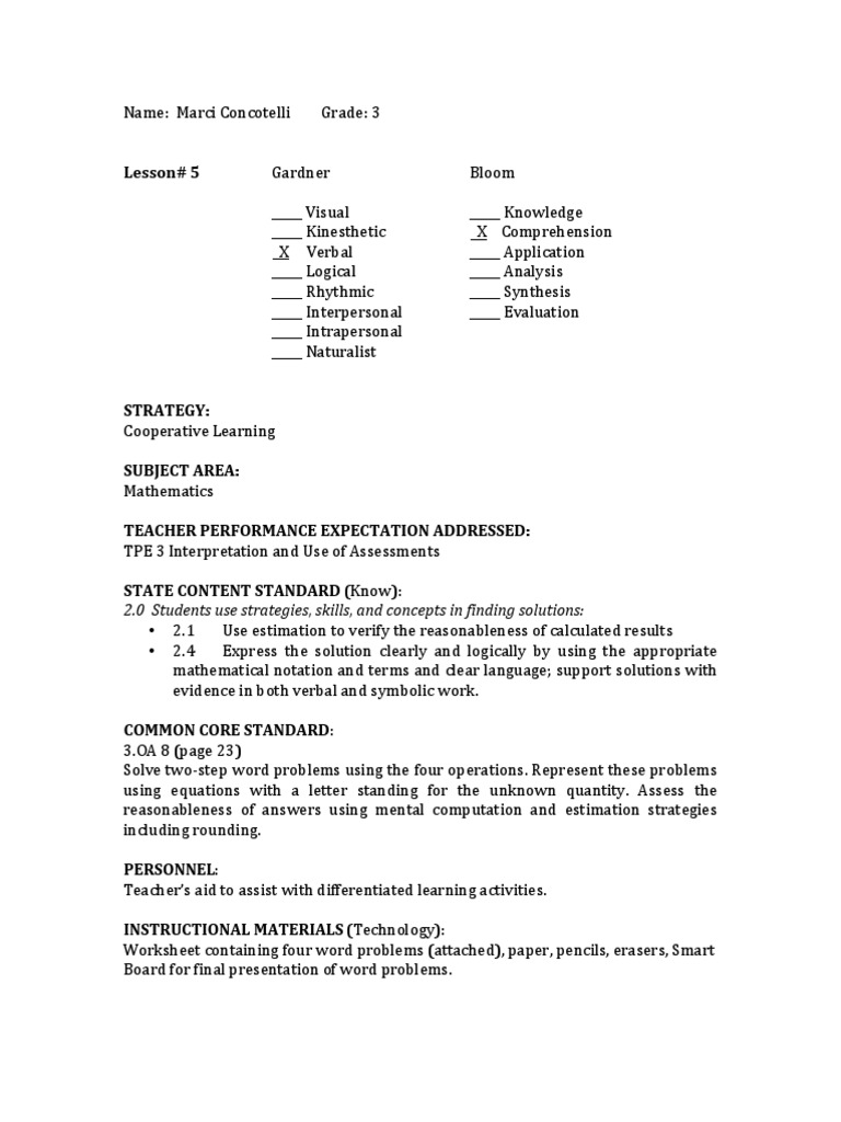 Cooperative Math Lesson Plan for Grade 3 | PDF | Reading Comprehension ...