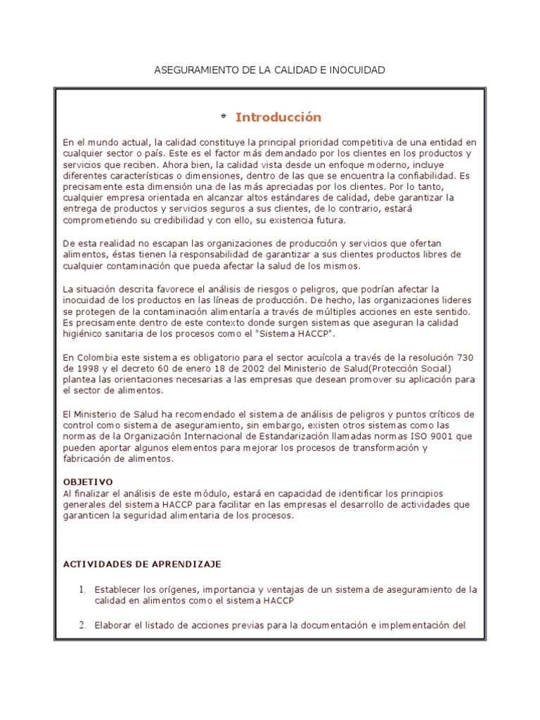 Aseguramiento de Calidad e Inocuidad Alimentaria | PDF | Análisis de ...