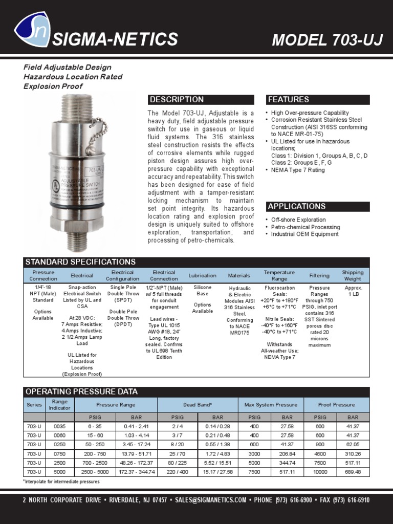 Hazardous Location Rated, Field Adjustable Pressure Switch for Offshore PetroChemical