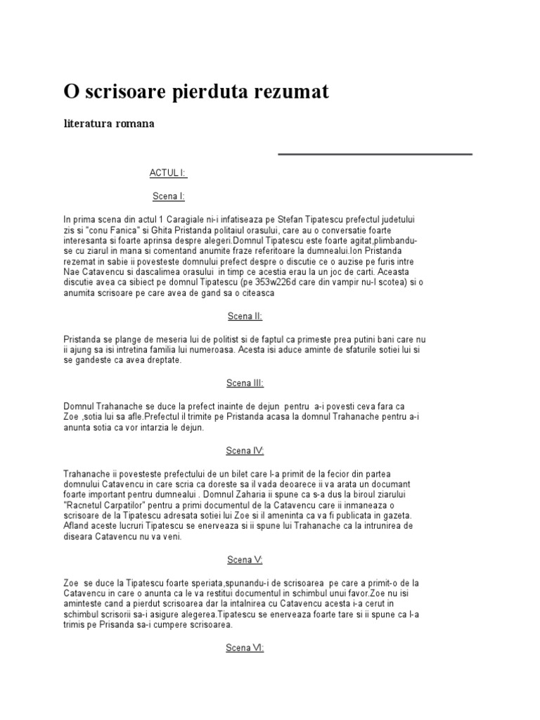 O Scrisoare Pierduta Modul Din Care Se Reflecta O Tema O Scrisoare Pierduta Rezumat | PDF