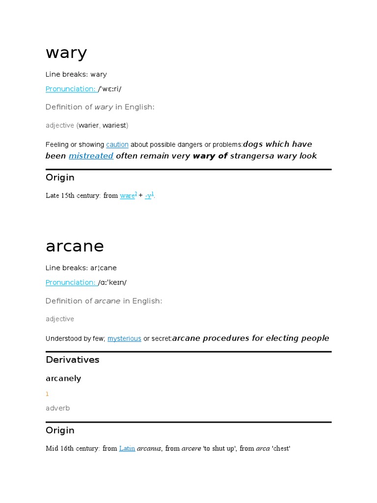 Definitions of Wary and Arcane | PDF | Adjective | English Language