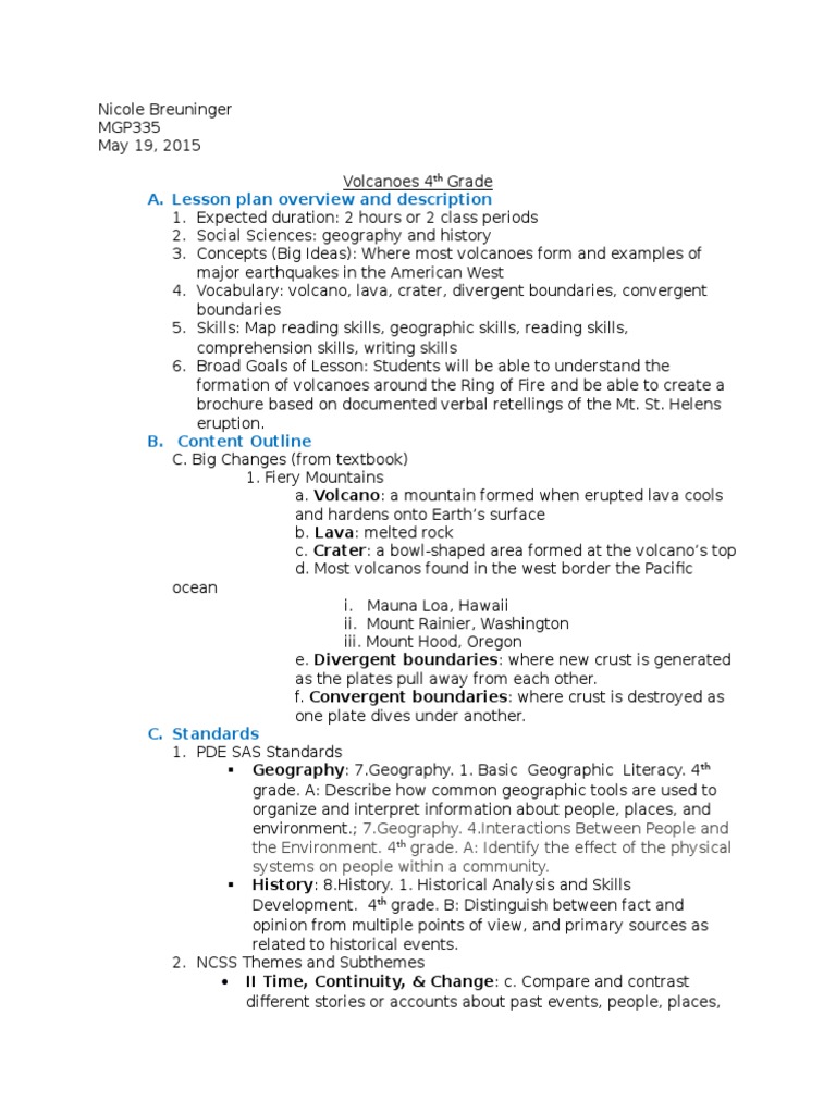4th Grade Volcanoes Lesson Plan | PDF | Volcano | Geography
