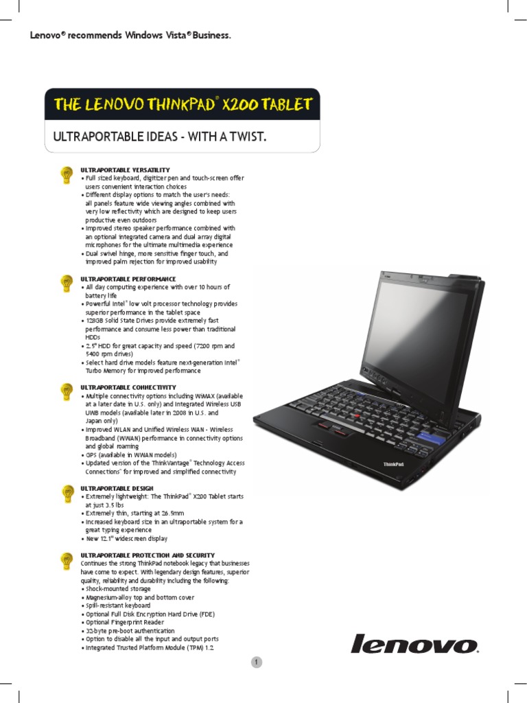 Lenovo X200 Tablet Data Sheet | PDF | Tablet Computer | Laptop