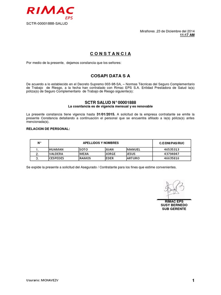 Constancia SCTR Salud Rimac 2014 | PDF | Derecho