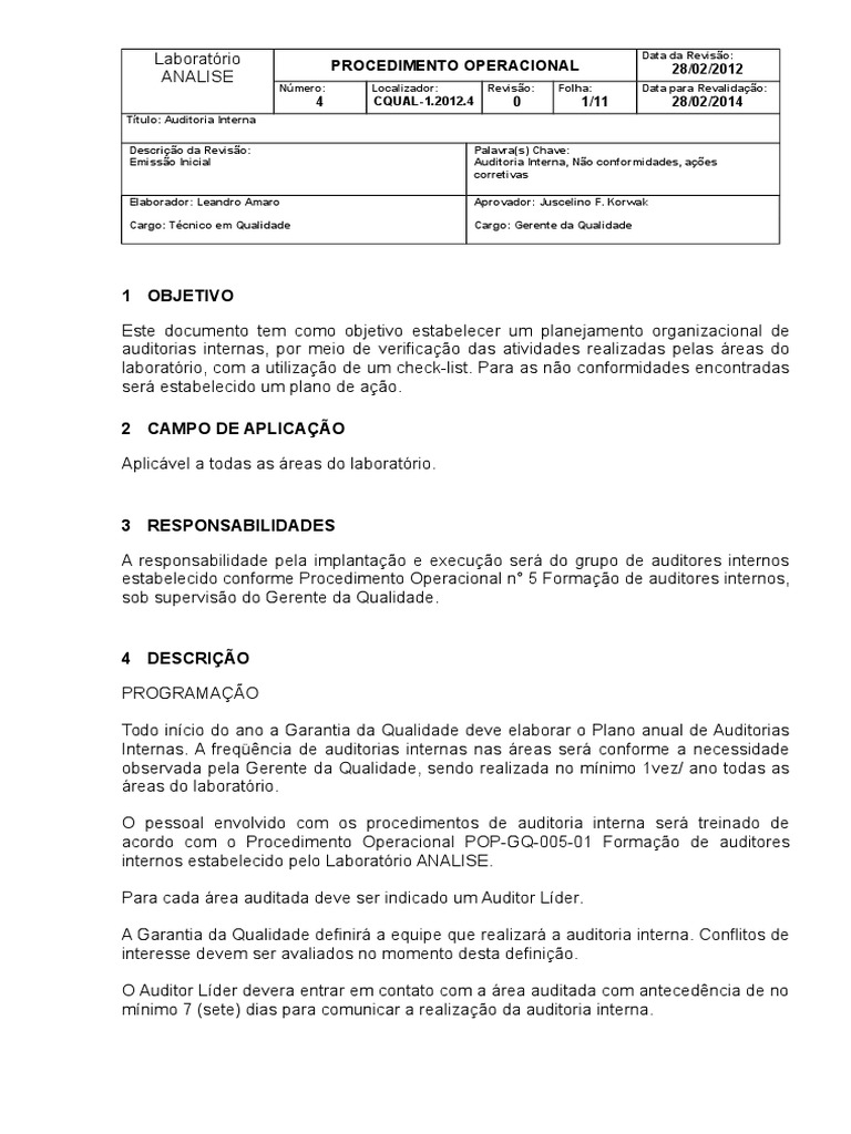 Procedimento de Auditoria Interna | PDF | Auditoria interna | Qualidade ...