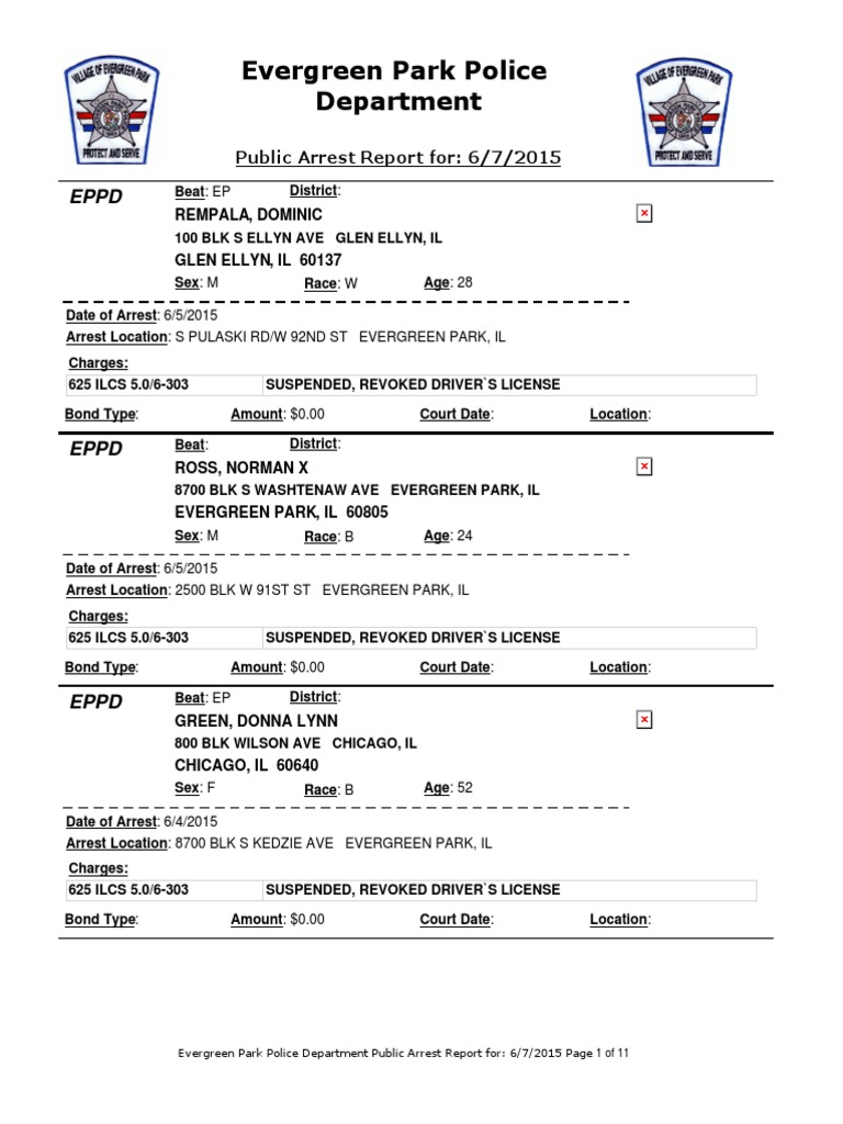 Evergreen Park Police Department Public Arrest Report for 6/7/2015