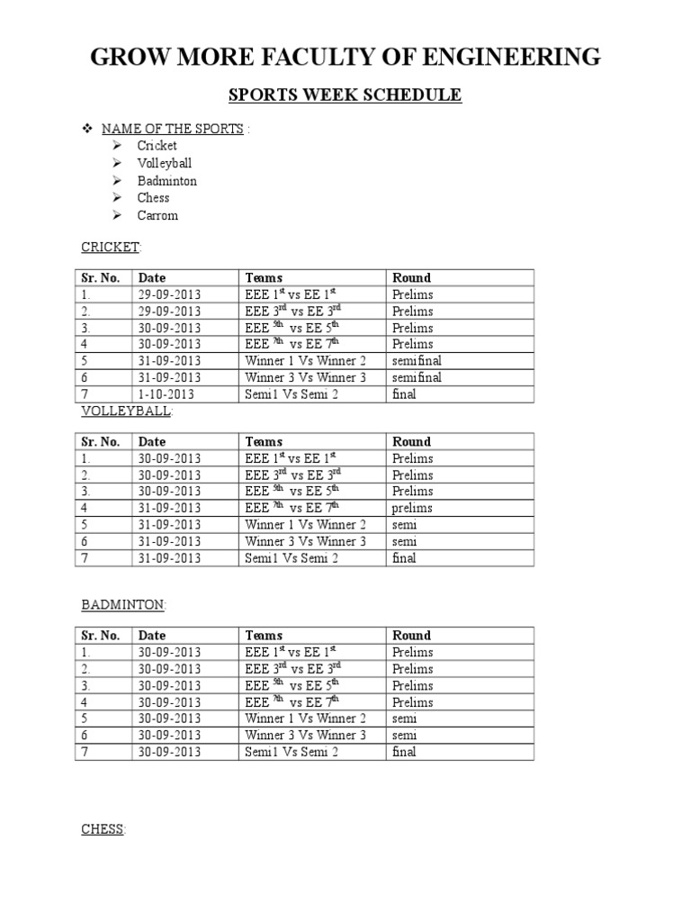 Grow More Faculty of Engineering: Sports Week Schedule | PDF