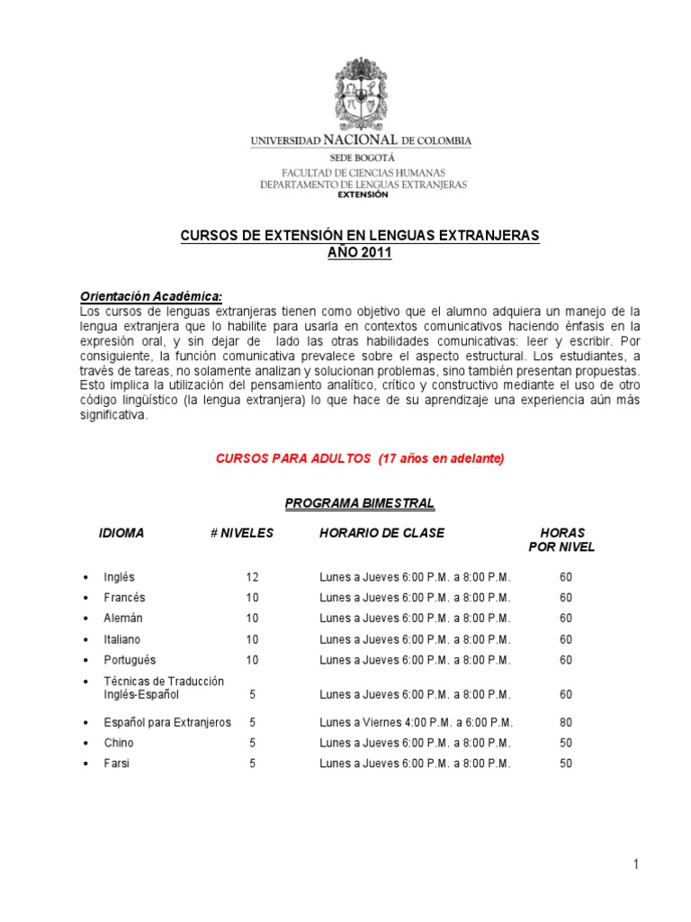 Cursos Extensión Unal PDF Traducciones Idioma en Inglés