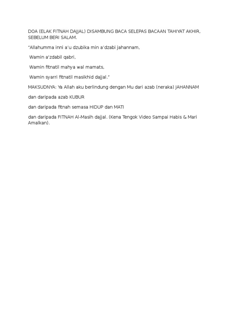 Doa Elak Fitnah Dajjal Disambung Baca Selepas Bacaan Tahiyat Akhir Sebelum Beri Salam