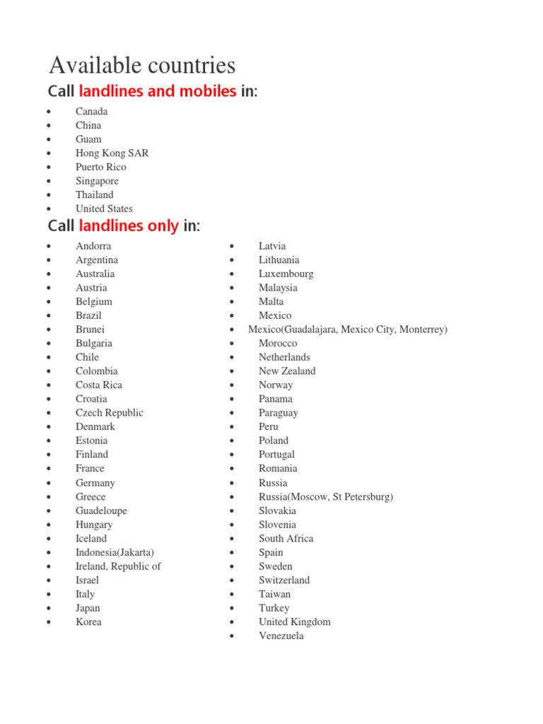 Available Countries: Landlines and Mobiles | PDF